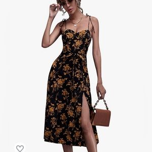 Women's Polka Dot Tie Shoulder Sleeveless Split Hem Midi Dress Black Caramel